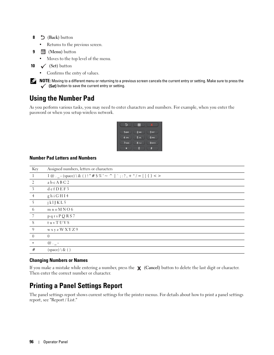 Using the number pad, Number pad letters and numbers, Changing numbers or names | Printing a panel settings report | Dell C2660dn Color Laser Printer User Manual | Page 98 / 361