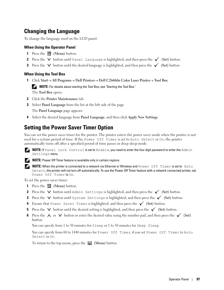 Changing the language, When using the operator panel, When using the tool box | Setting the power saver timer option | Dell C2660dn Color Laser Printer User Manual | Page 99 / 361