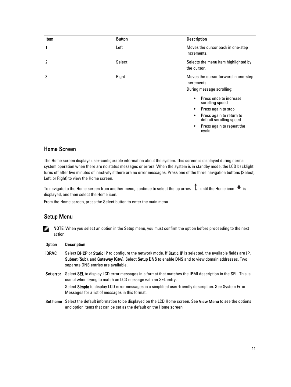 Home screen, Setup menu | Dell PowerVault NX3300 User Manual | Page 11 / 123