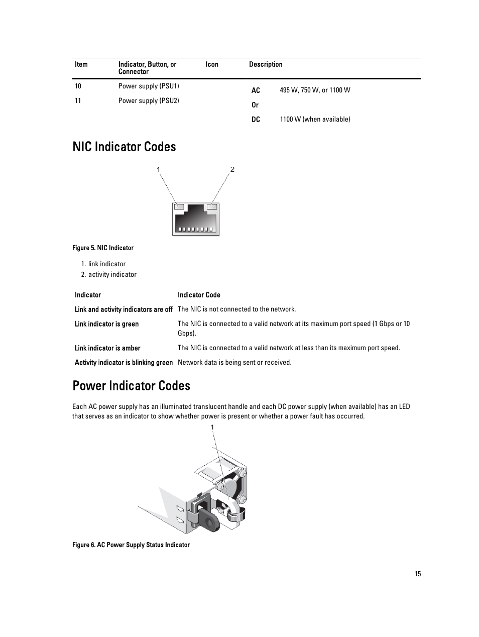 Nic indicator codes, Power indicator codes | Dell PowerVault NX3300 User Manual | Page 15 / 123