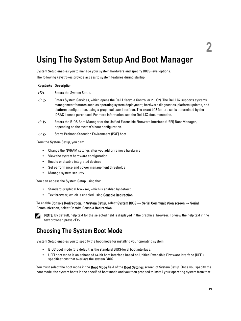 Using the system setup and boot manager, Choosing the system boot mode, 2 using the system setup and boot manager | Dell PowerVault NX3300 User Manual | Page 19 / 123