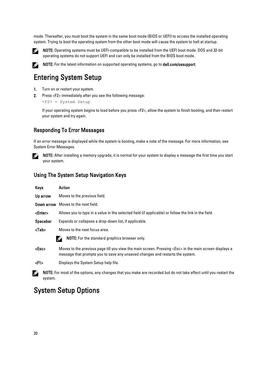Entering system setup, Responding to error messages, Using the system setup navigation keys | System setup options | Dell PowerVault NX3300 User Manual | Page 20 / 123