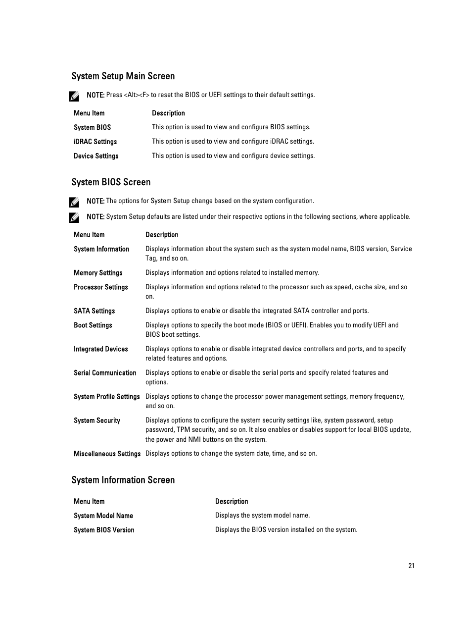 System setup main screen, System bios screen, System information screen | Dell PowerVault NX3300 User Manual | Page 21 / 123