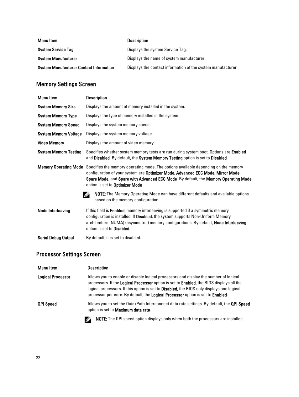 Memory settings screen, Processor settings screen | Dell PowerVault NX3300 User Manual | Page 22 / 123