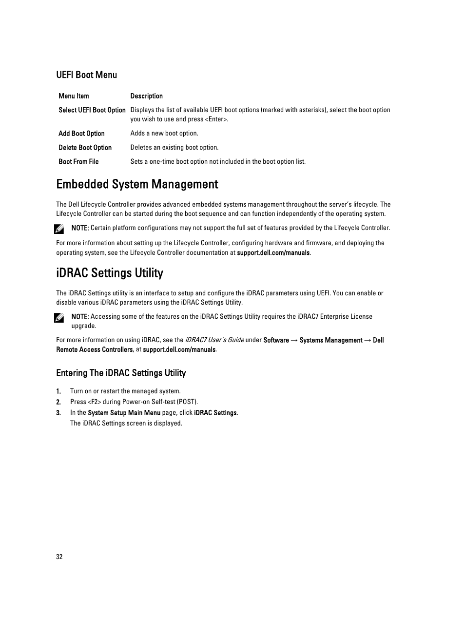 Uefi boot menu, Embedded system management, Idrac settings utility | Entering the idrac settings utility | Dell PowerVault NX3300 User Manual | Page 32 / 123