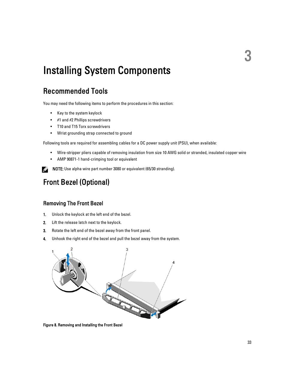 Installing system components, Recommended tools, Front bezel (optional) | Removing the front bezel, 3 installing system components | Dell PowerVault NX3300 User Manual | Page 33 / 123