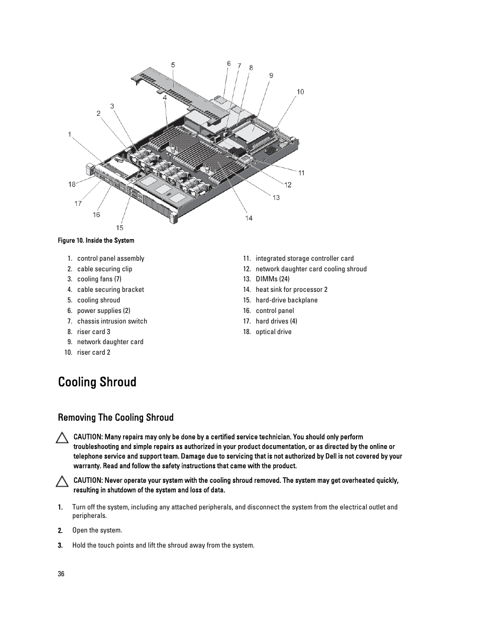 Cooling shroud, Removing the cooling shroud | Dell PowerVault NX3300 User Manual | Page 36 / 123