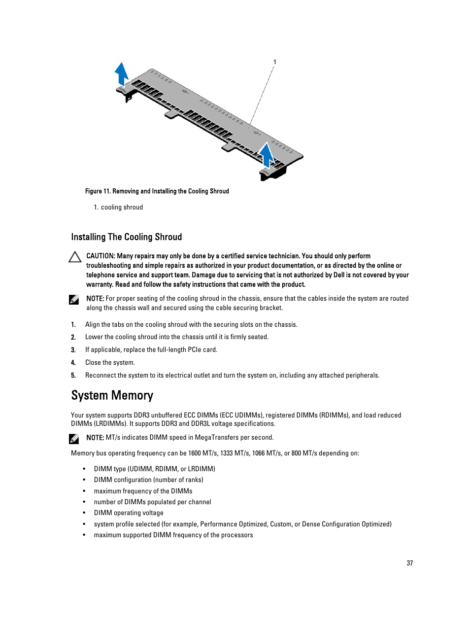 Installing the cooling shroud, System memory | Dell PowerVault NX3300 User Manual | Page 37 / 123