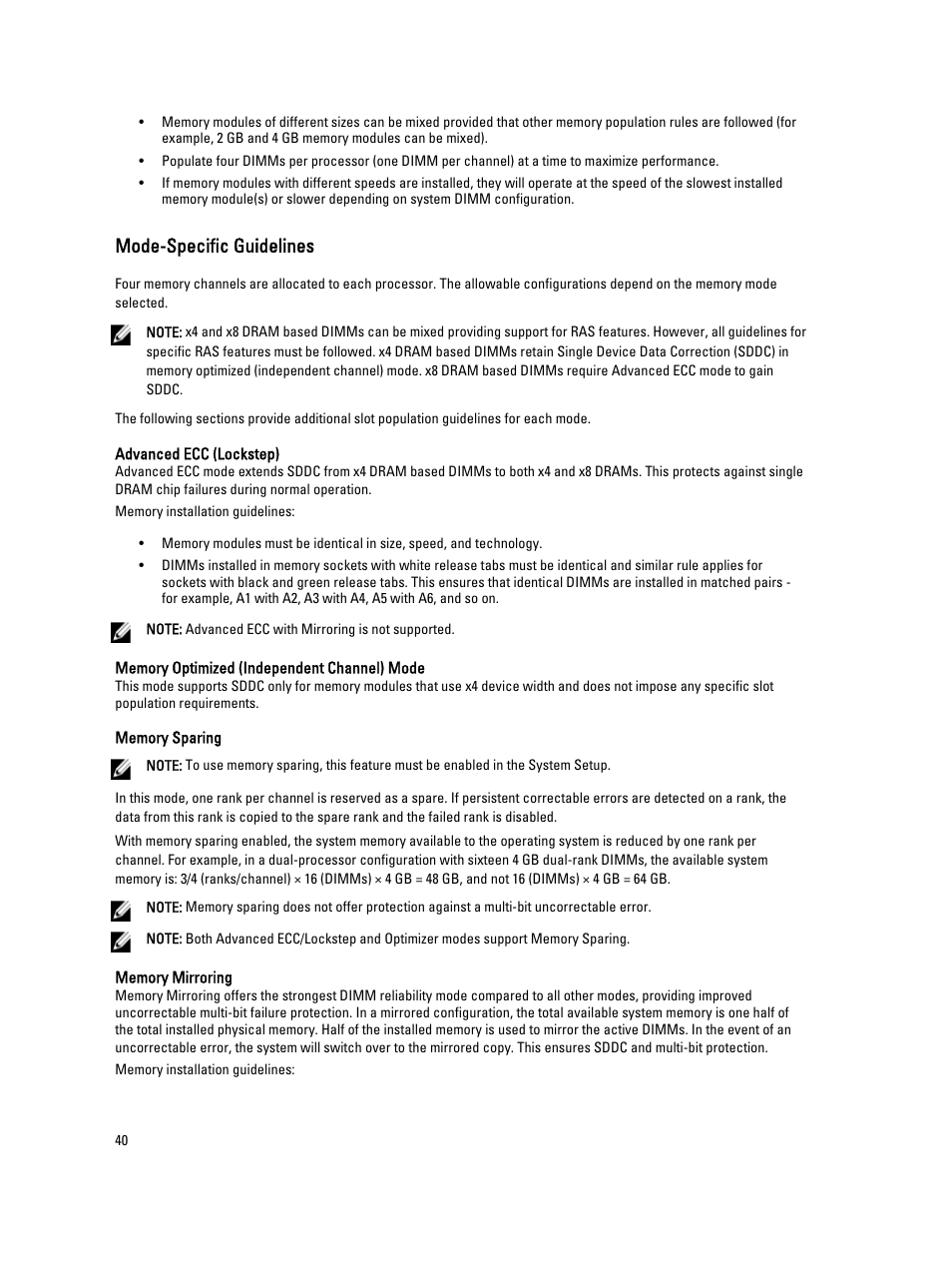 Mode-specific guidelines, Advanced ecc (lockstep), Memory optimized (independent channel) mode | Memory sparing, Memory mirroring | Dell PowerVault NX3300 User Manual | Page 40 / 123