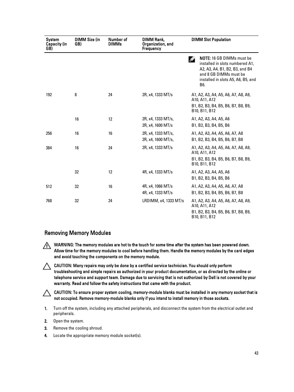 Removing memory modules | Dell PowerVault NX3300 User Manual | Page 43 / 123