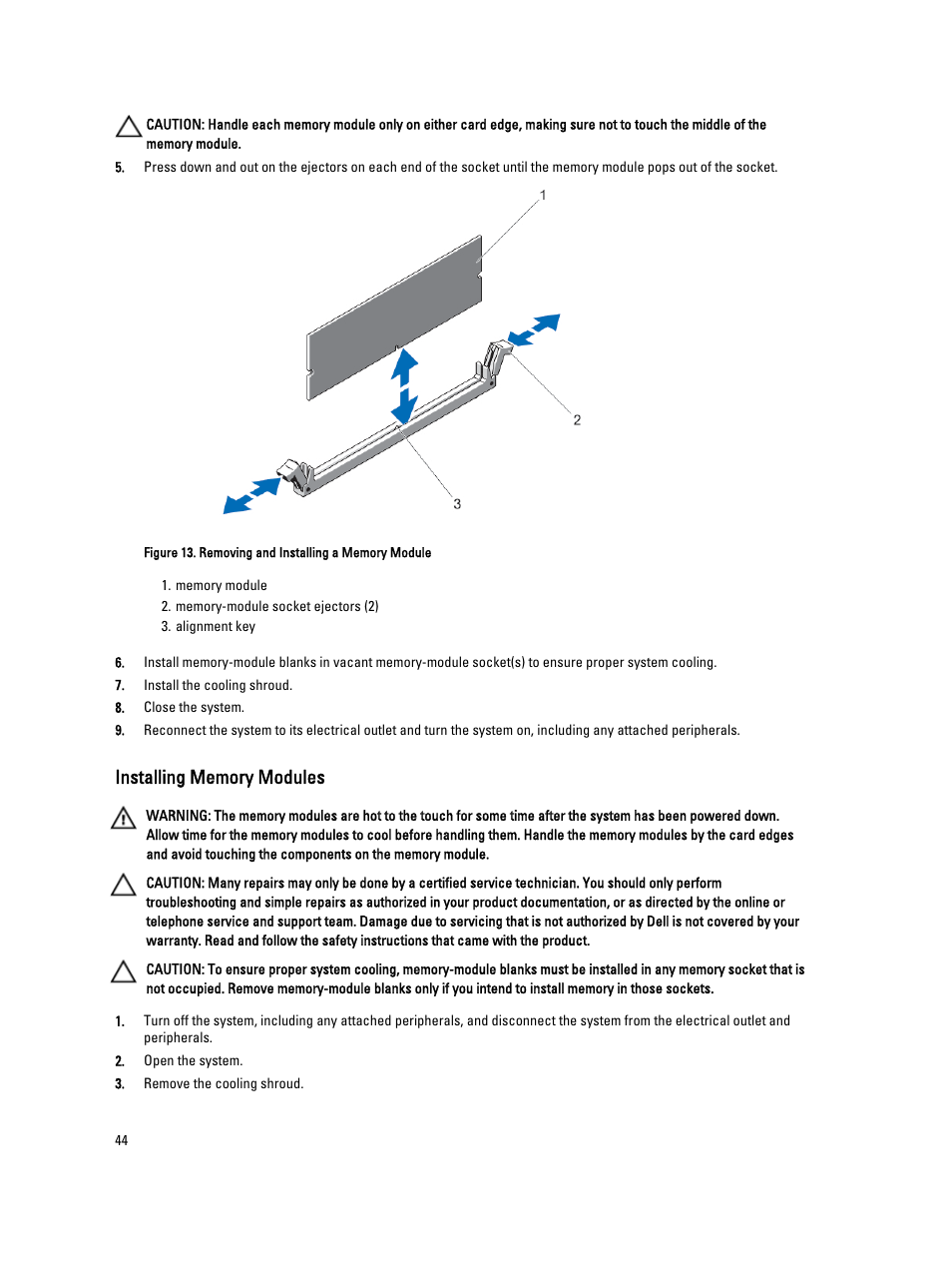 Installing memory modules | Dell PowerVault NX3300 User Manual | Page 44 / 123
