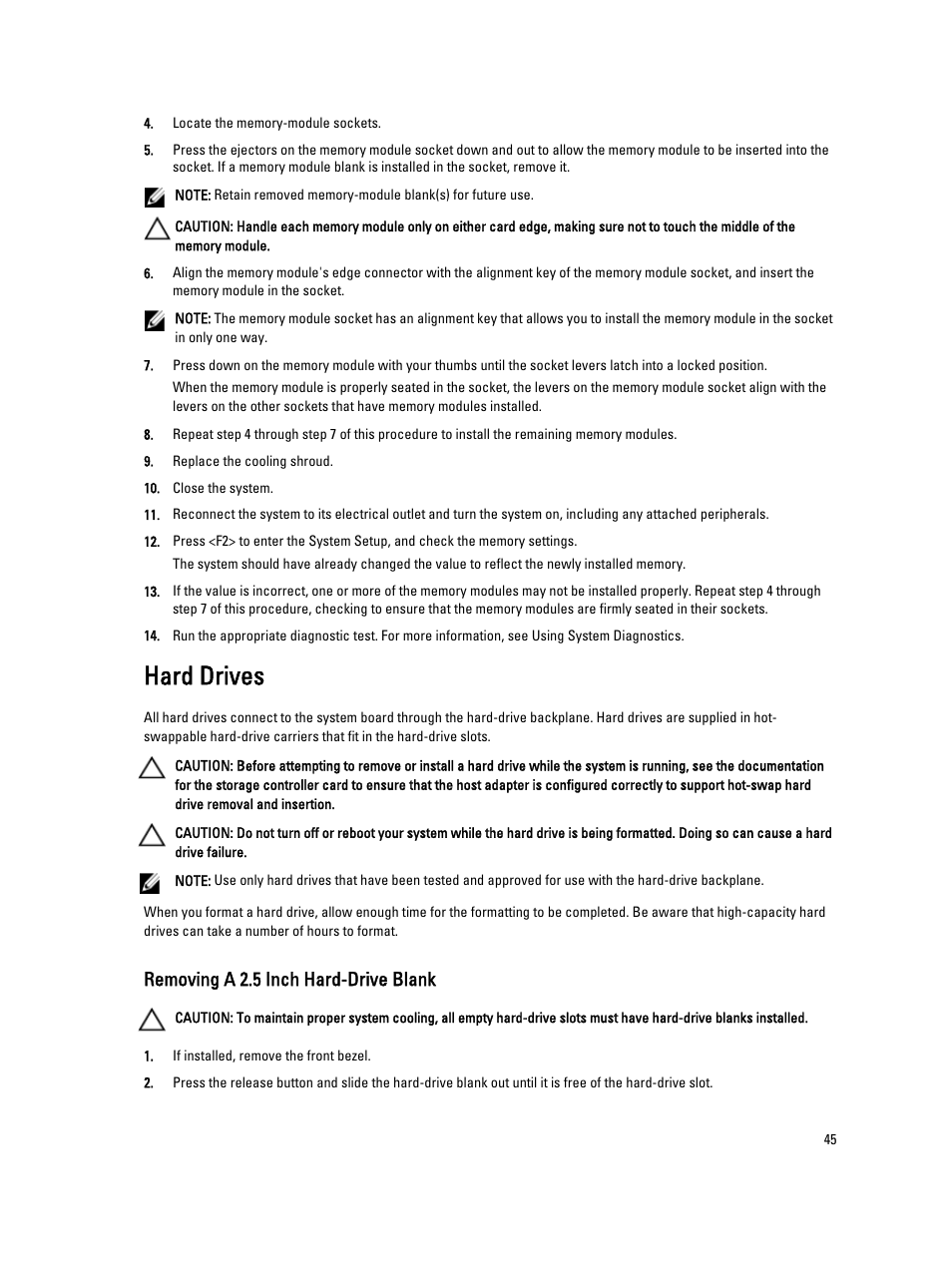 Hard drives, Removing a 2.5 inch hard-drive blank | Dell PowerVault NX3300 User Manual | Page 45 / 123