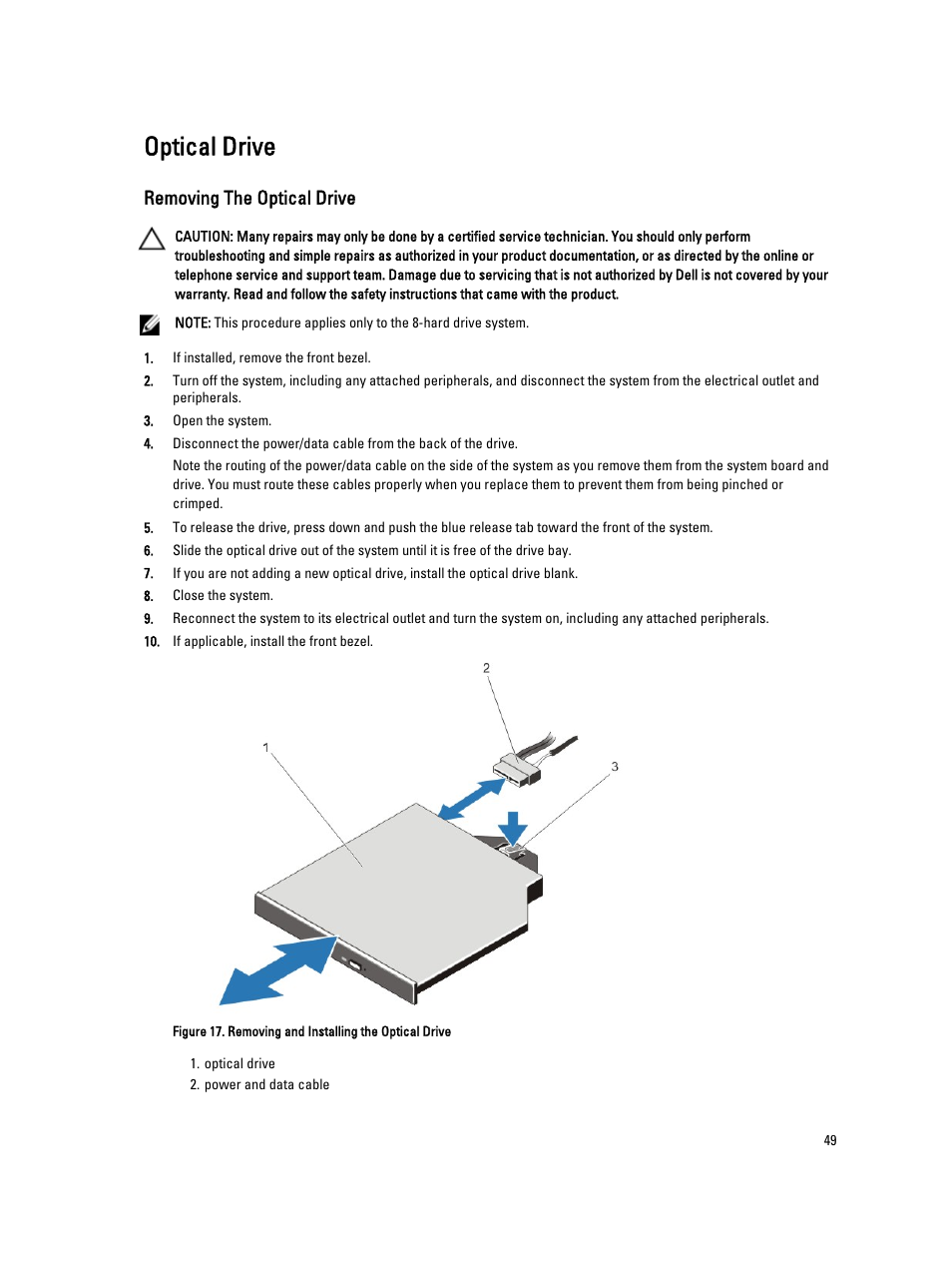 Optical drive, Removing the optical drive | Dell PowerVault NX3300 User Manual | Page 49 / 123