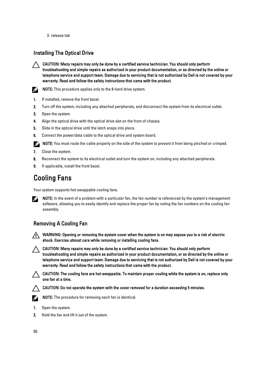 Installing the optical drive, Cooling fans, Removing a cooling fan | Dell PowerVault NX3300 User Manual | Page 50 / 123