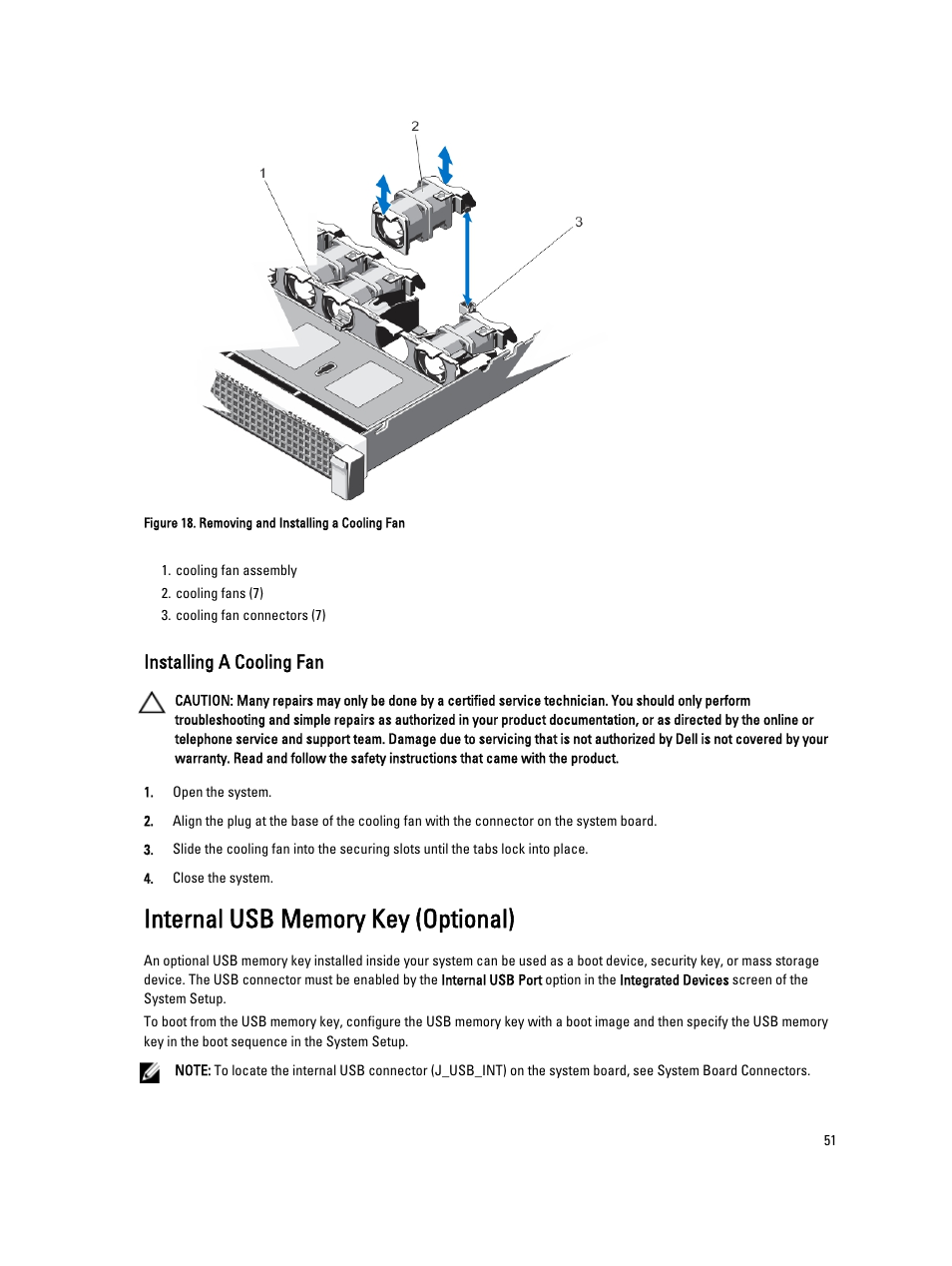 Installing a cooling fan, Internal usb memory key (optional) | Dell PowerVault NX3300 User Manual | Page 51 / 123