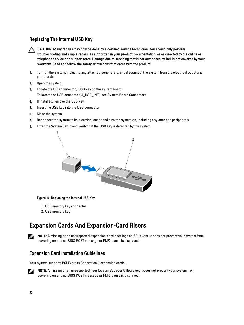 Replacing the internal usb key, Expansion cards and expansion-card risers, Expansion card installation guidelines | Dell PowerVault NX3300 User Manual | Page 52 / 123