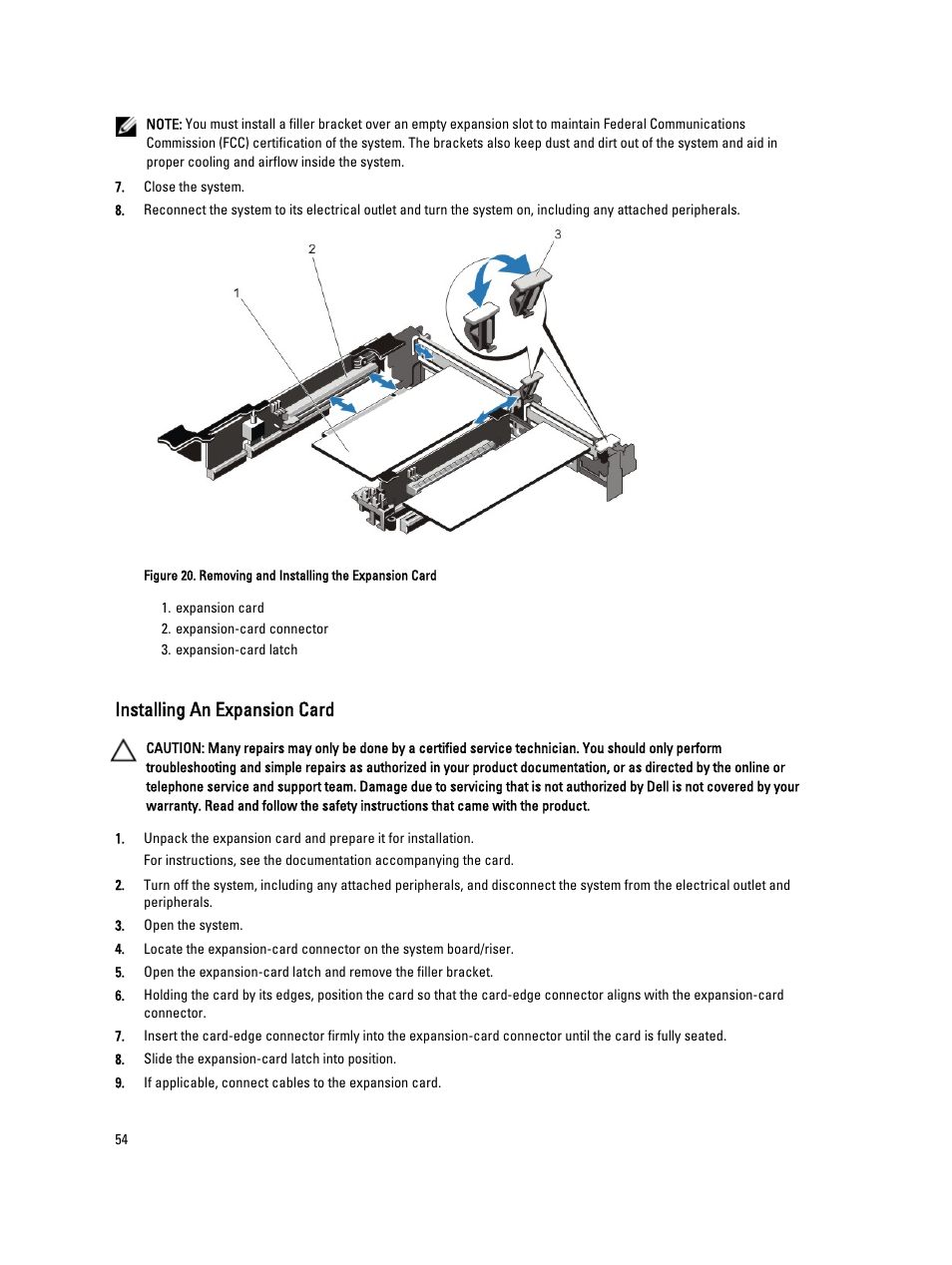 Installing an expansion card | Dell PowerVault NX3300 User Manual | Page 54 / 123