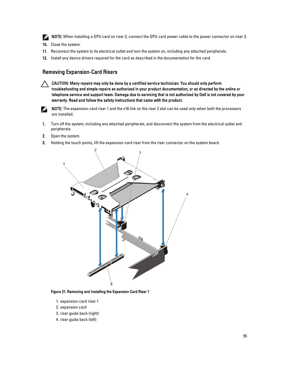 Removing expansion-card risers | Dell PowerVault NX3300 User Manual | Page 55 / 123