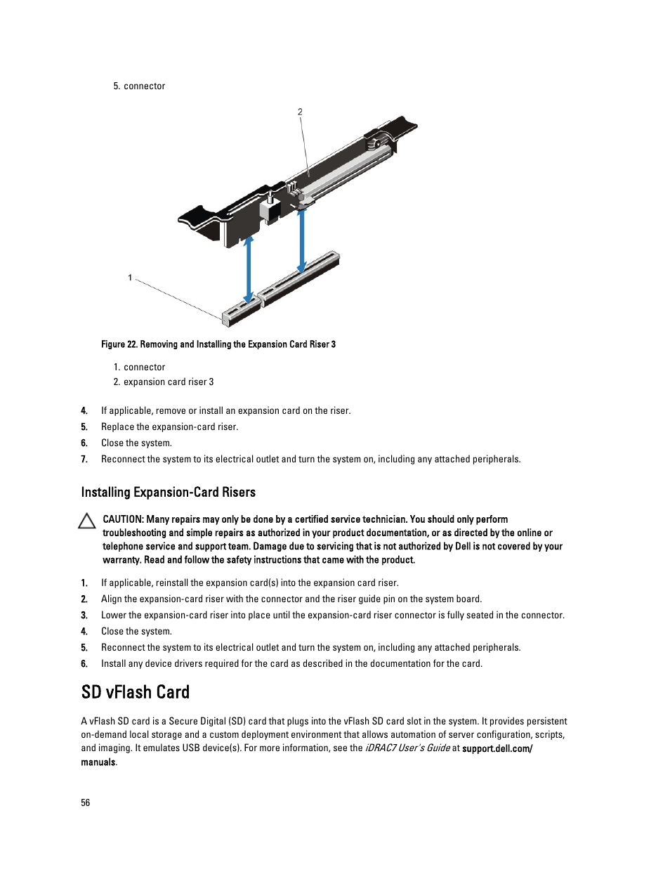 Installing expansion-card risers, Sd vflash card | Dell PowerVault NX3300 User Manual | Page 56 / 123