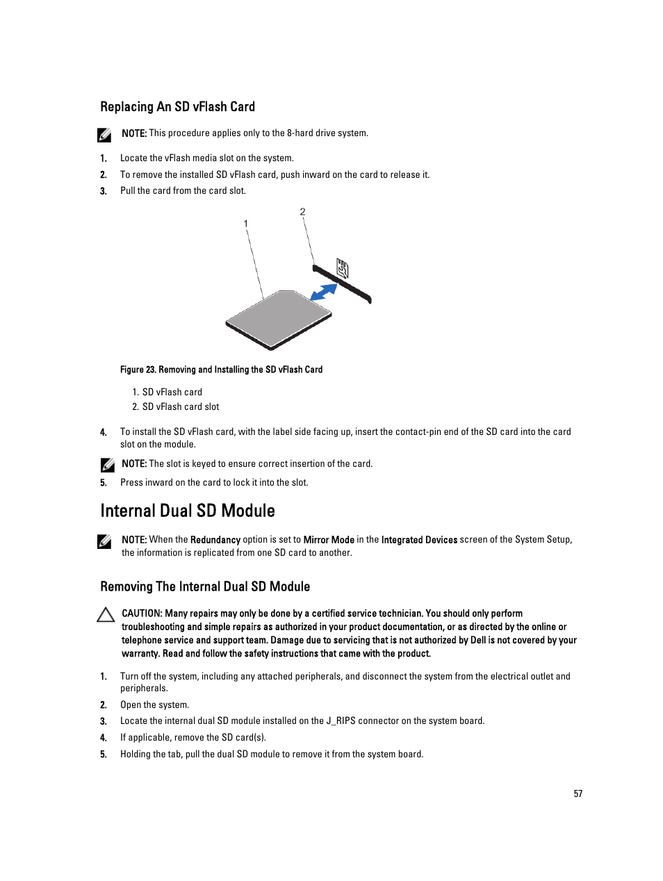 Replacing an sd vflash card, Internal dual sd module, Removing the internal dual sd module | Dell PowerVault NX3300 User Manual | Page 57 / 123