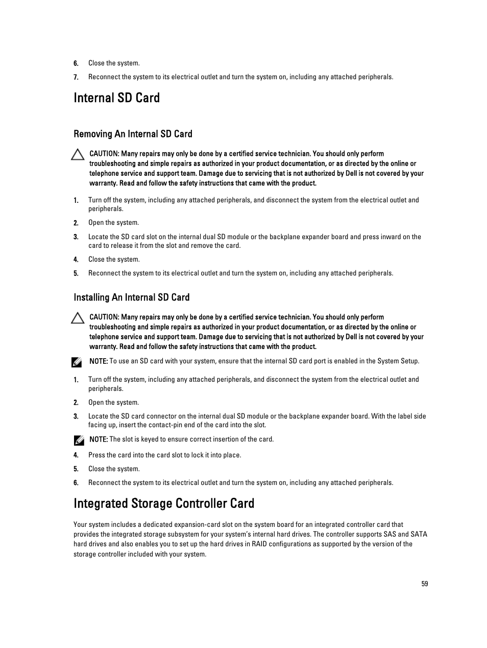 Internal sd card, Removing an internal sd card, Installing an internal sd card | Integrated storage controller card | Dell PowerVault NX3300 User Manual | Page 59 / 123