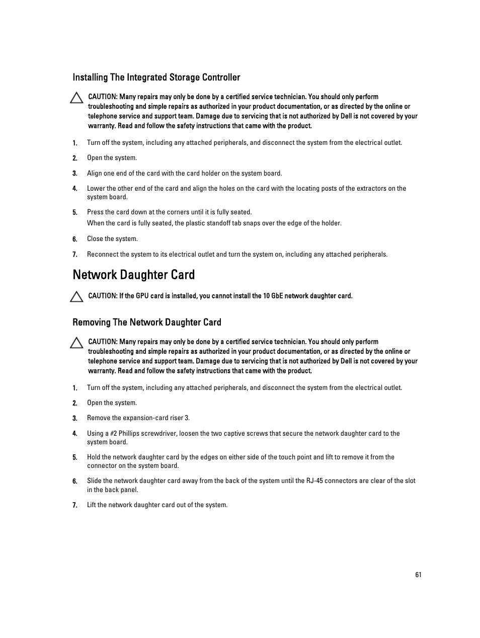 Installing the integrated storage controller, Network daughter card, Removing the network daughter card | Dell PowerVault NX3300 User Manual | Page 61 / 123