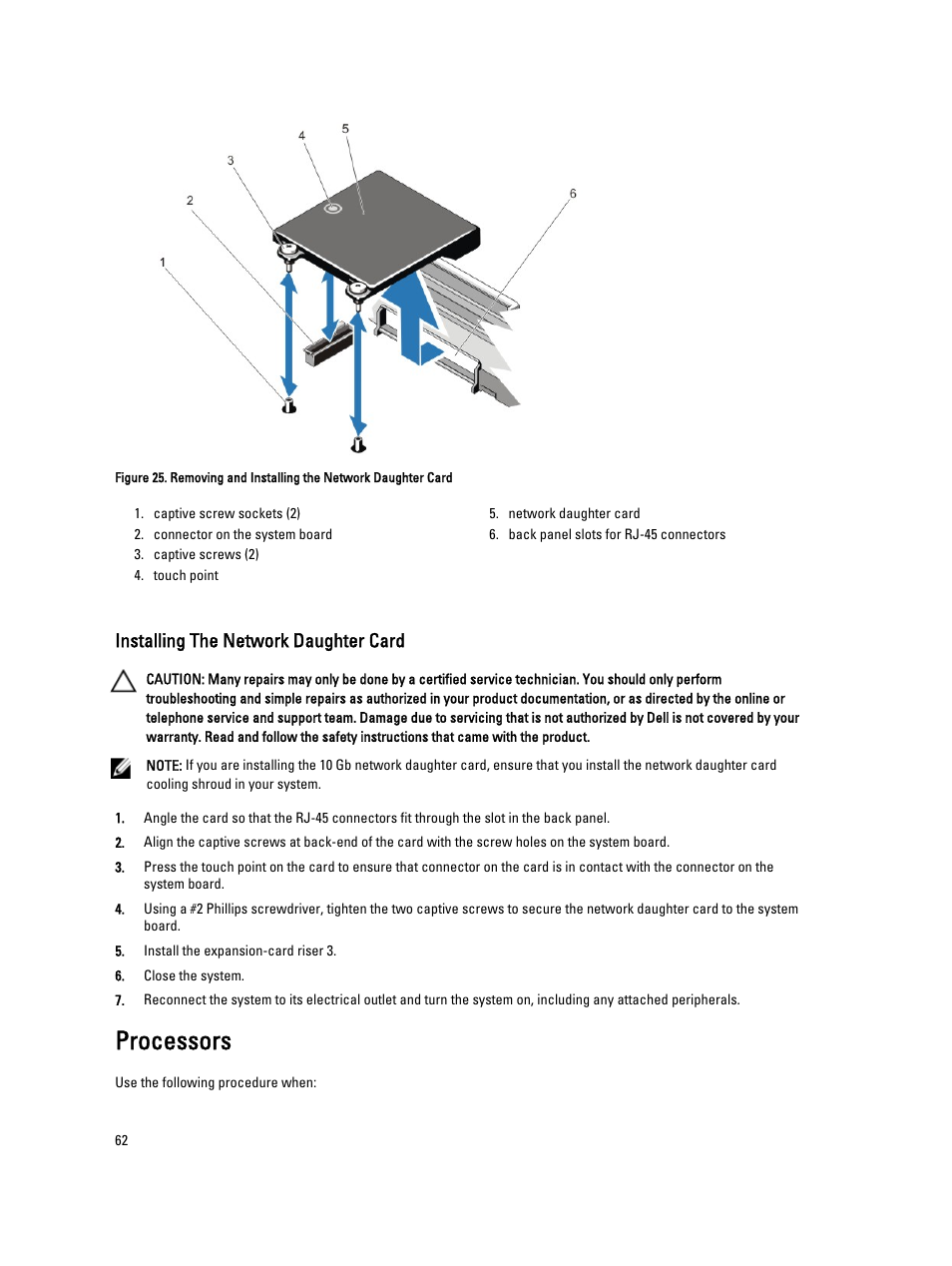 Installing the network daughter card, Processors | Dell PowerVault NX3300 User Manual | Page 62 / 123