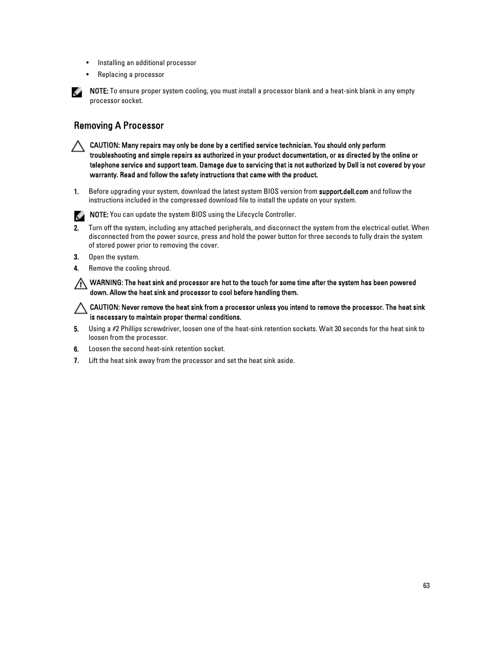 Removing a processor | Dell PowerVault NX3300 User Manual | Page 63 / 123