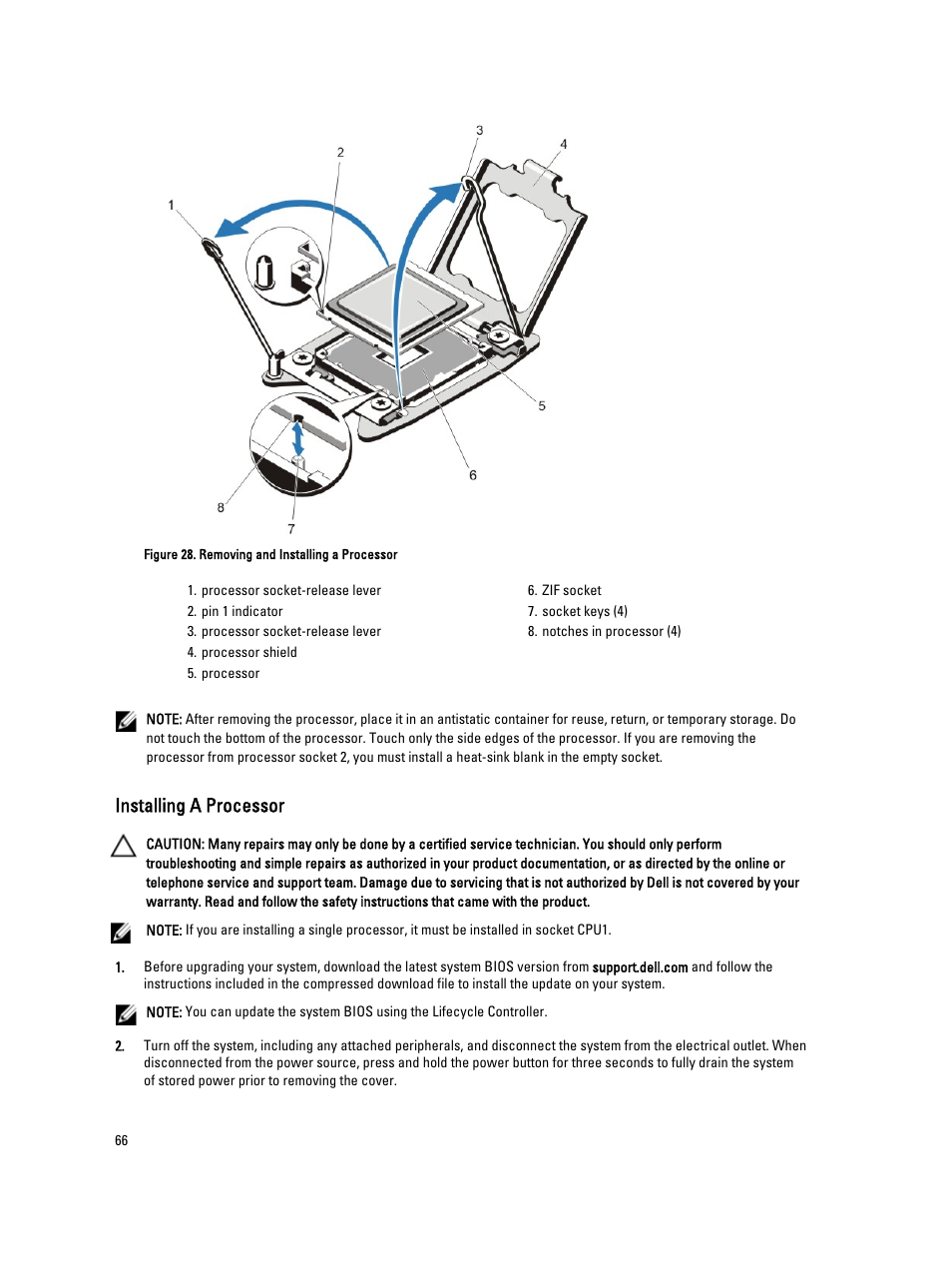 Installing a processor | Dell PowerVault NX3300 User Manual | Page 66 / 123
