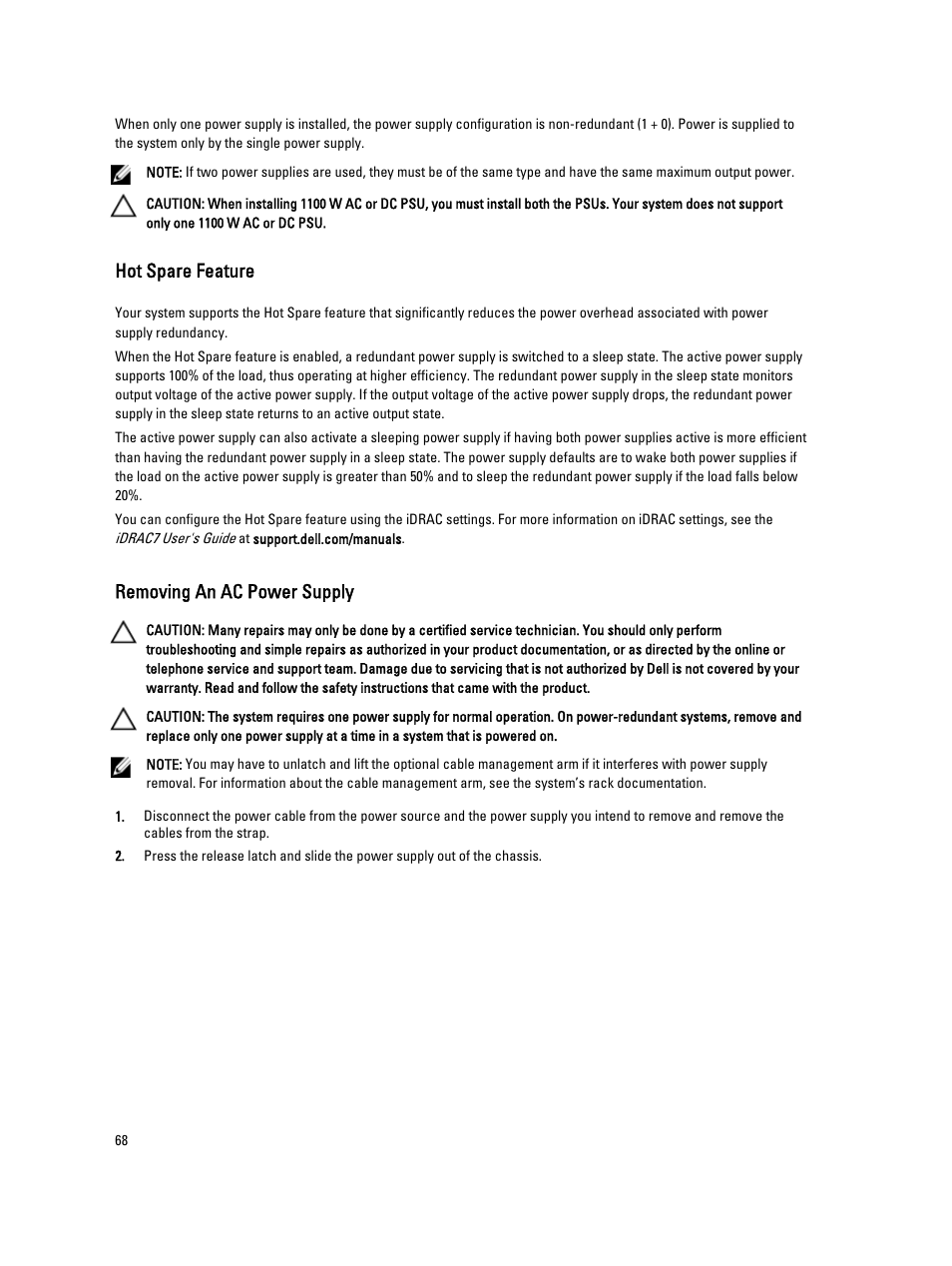 Hot spare feature, Removing an ac power supply | Dell PowerVault NX3300 User Manual | Page 68 / 123