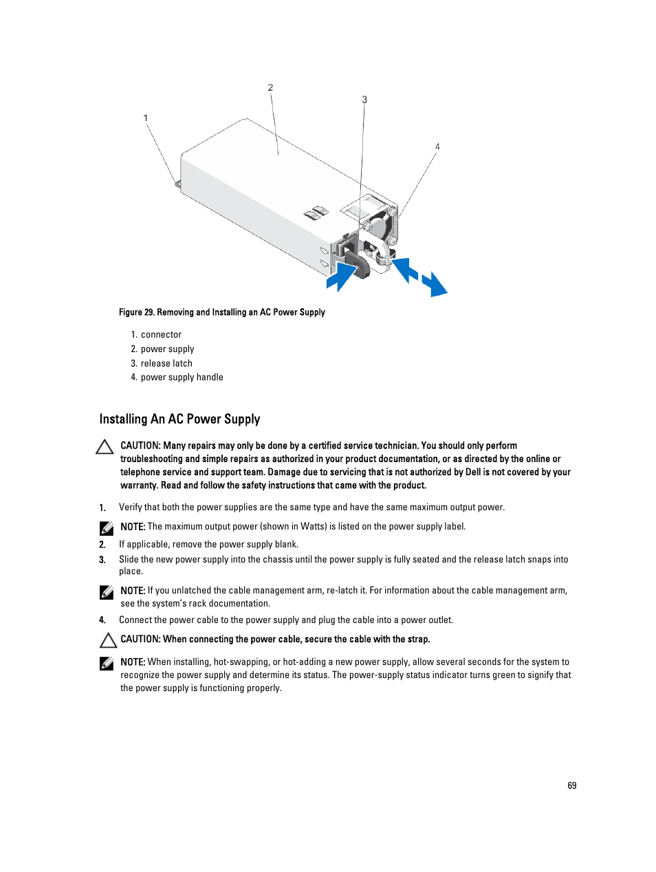 Installing an ac power supply | Dell PowerVault NX3300 User Manual | Page 69 / 123