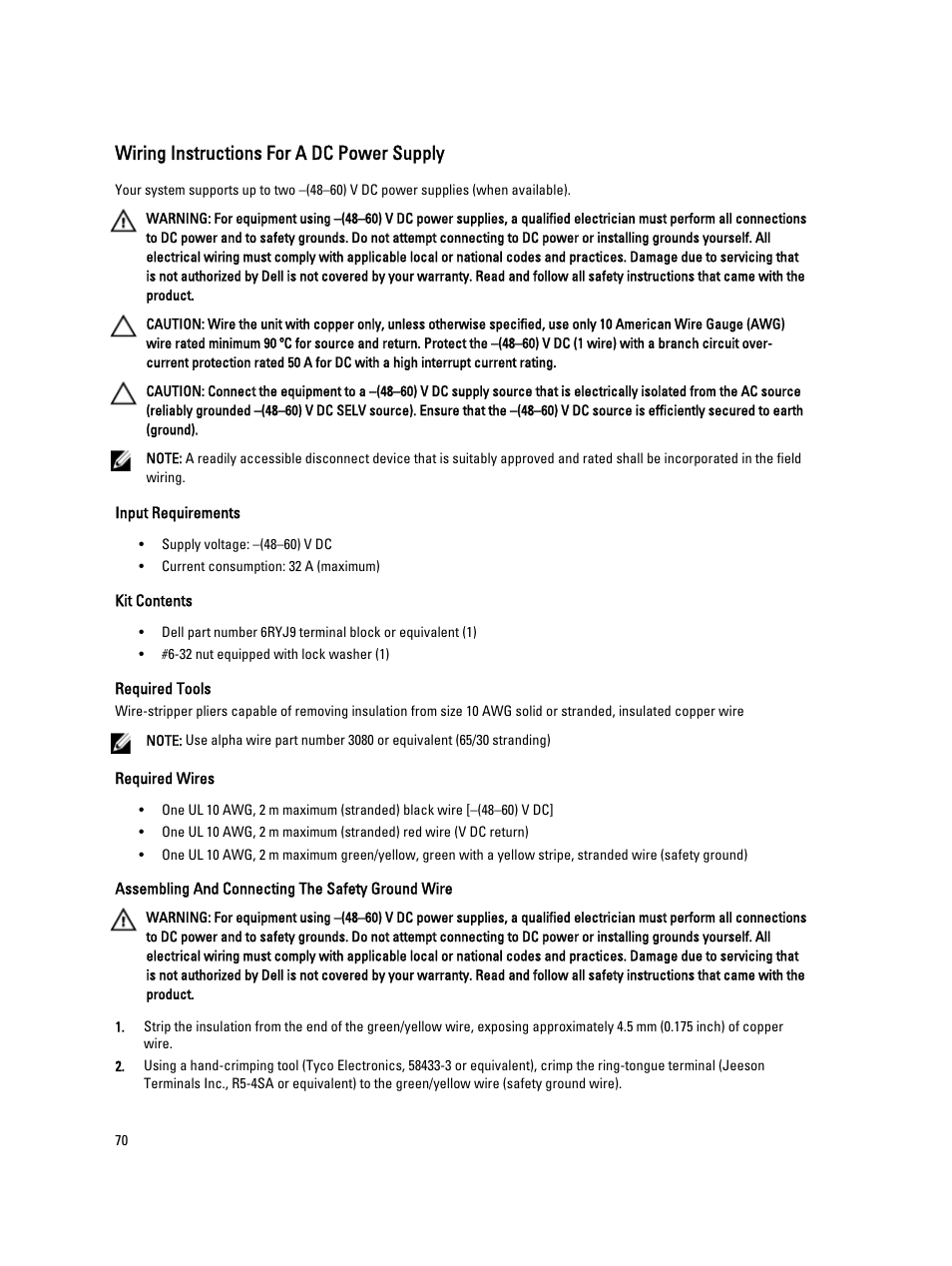 Wiring instructions for a dc power supply, Input requirements, Kit contents | Required tools, Required wires, Assembling and connecting the safety ground wire | Dell PowerVault NX3300 User Manual | Page 70 / 123