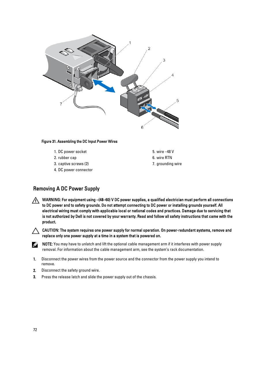 Removing a dc power supply | Dell PowerVault NX3300 User Manual | Page 72 / 123