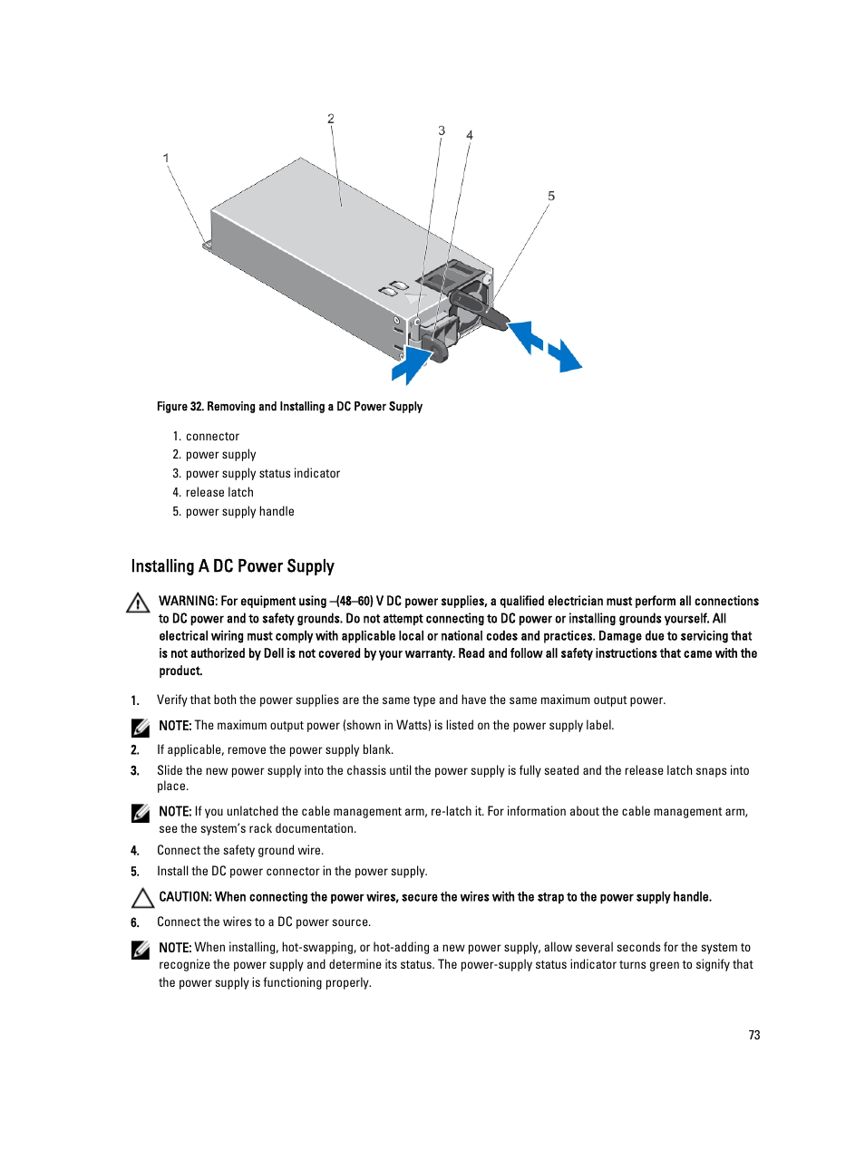 Installing a dc power supply | Dell PowerVault NX3300 User Manual | Page 73 / 123