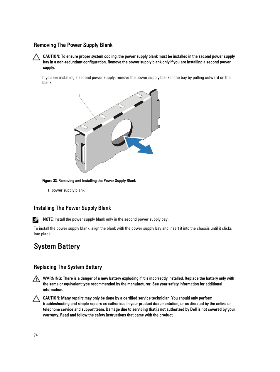 Removing the power supply blank, Installing the power supply blank, System battery | Replacing the system battery | Dell PowerVault NX3300 User Manual | Page 74 / 123