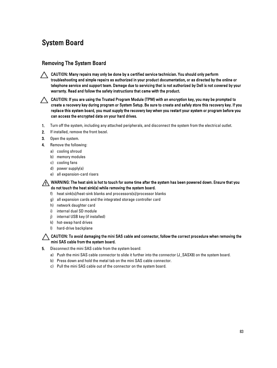 System board, Removing the system board | Dell PowerVault NX3300 User Manual | Page 83 / 123