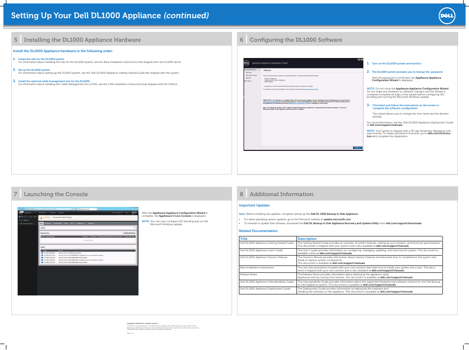 Setting up your dell dl1000 appliance (continued), Additional information, Configuring the dl1000 software | Launching the console, Installing the dl1000 appliance hardware | Dell DL1000 User Manual | Page 2 / 2