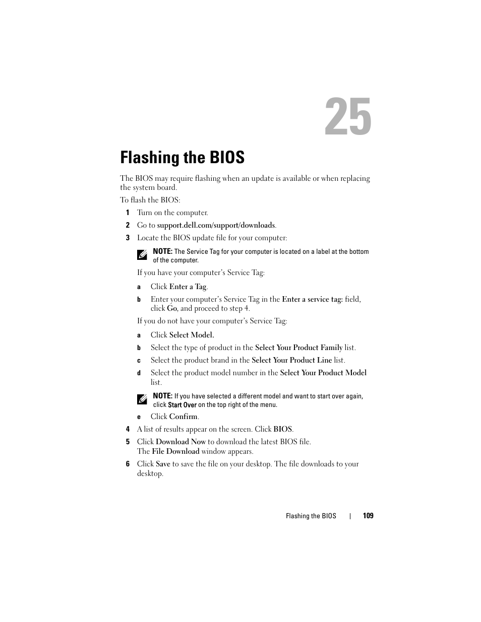 Flashing the bios, 1 turn on the computer, 2 go to support.dell.com/support/downloads | 3 locate the bios update file for your computer, A click enter a tag, A click select model, E click confirm | Dell Alienware M17x R3 (Early 2011) User Manual | Page 109 / 110
