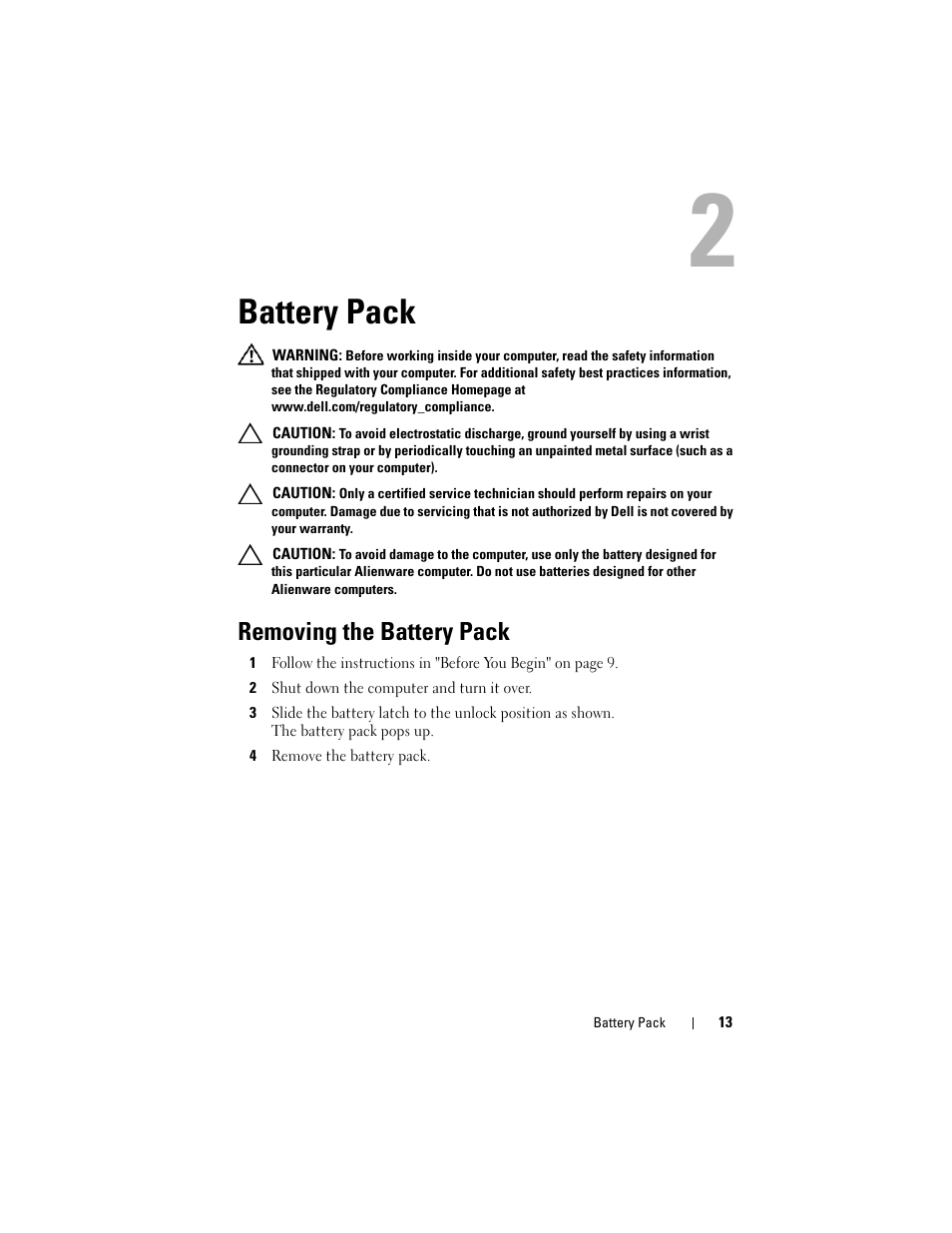 Battery pack, Removing the battery pack, 2 shut down the computer and turn it over | 4 remove the battery pack | Dell Alienware M17x R3 (Early 2011) User Manual | Page 13 / 110