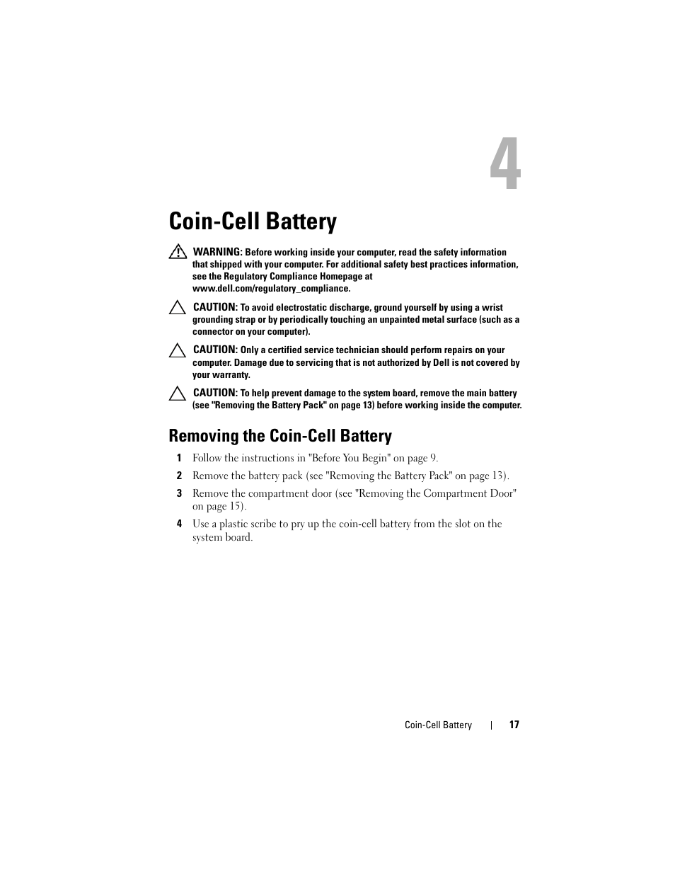 Coin-cell battery, Removing the coin-cell battery | Dell Alienware M17x R3 (Early 2011) User Manual | Page 17 / 110