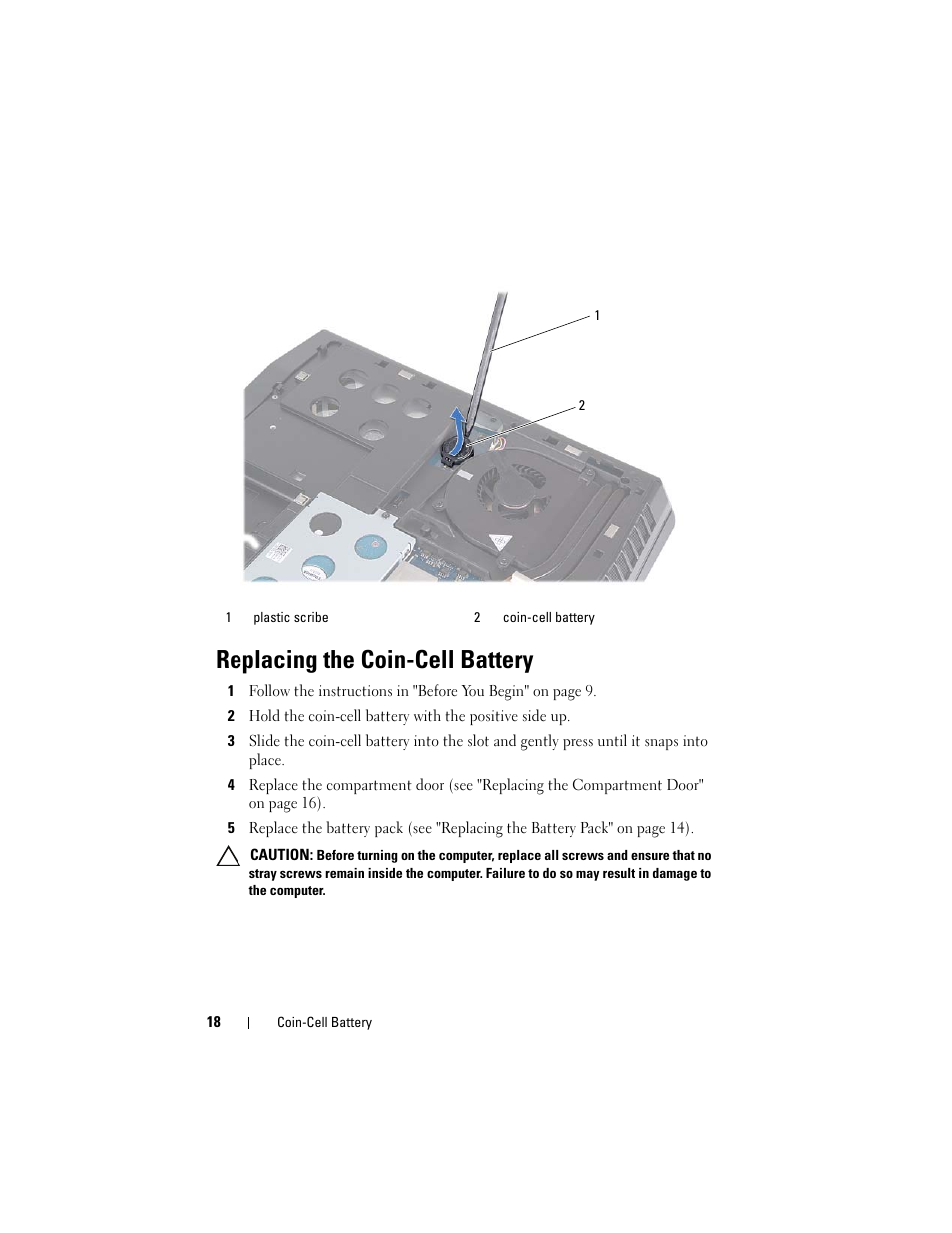Replacing the coin-cell battery | Dell Alienware M17x R3 (Early 2011) User Manual | Page 18 / 110