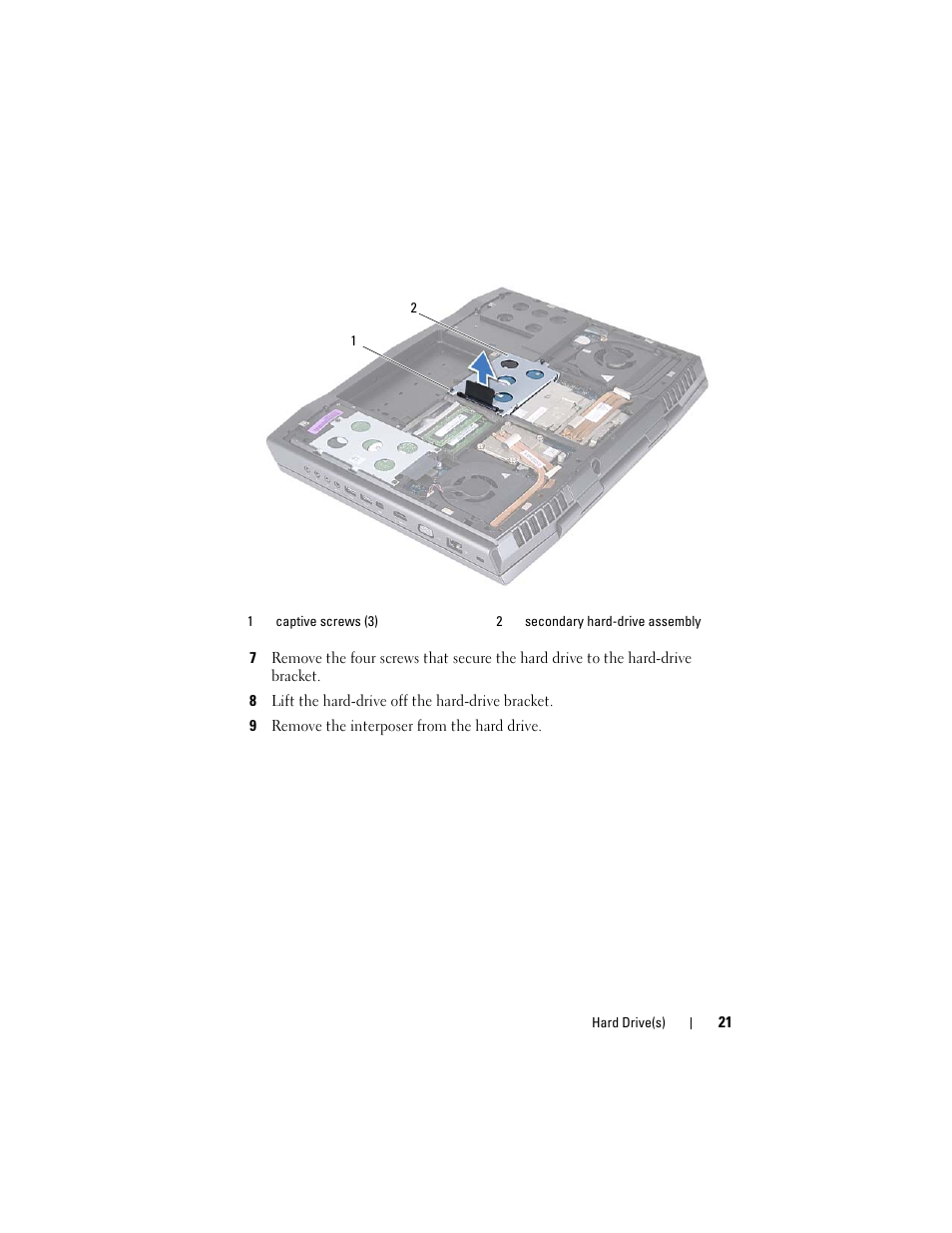 8 lift the hard-drive off the hard-drive bracket, 9 remove the interposer from the hard drive | Dell Alienware M17x R3 (Early 2011) User Manual | Page 21 / 110