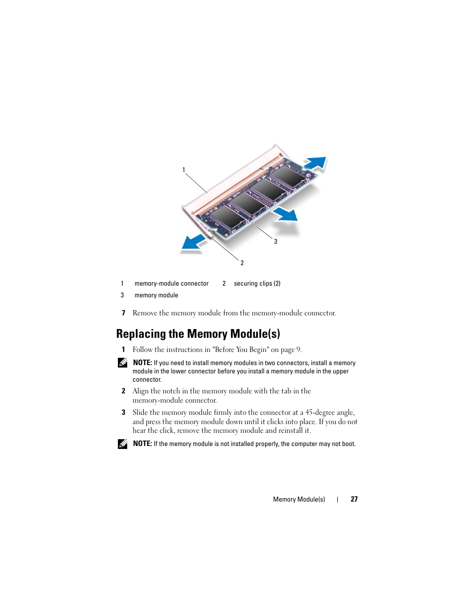 Replacing the memory module(s) | Dell Alienware M17x R3 (Early 2011) User Manual | Page 27 / 110
