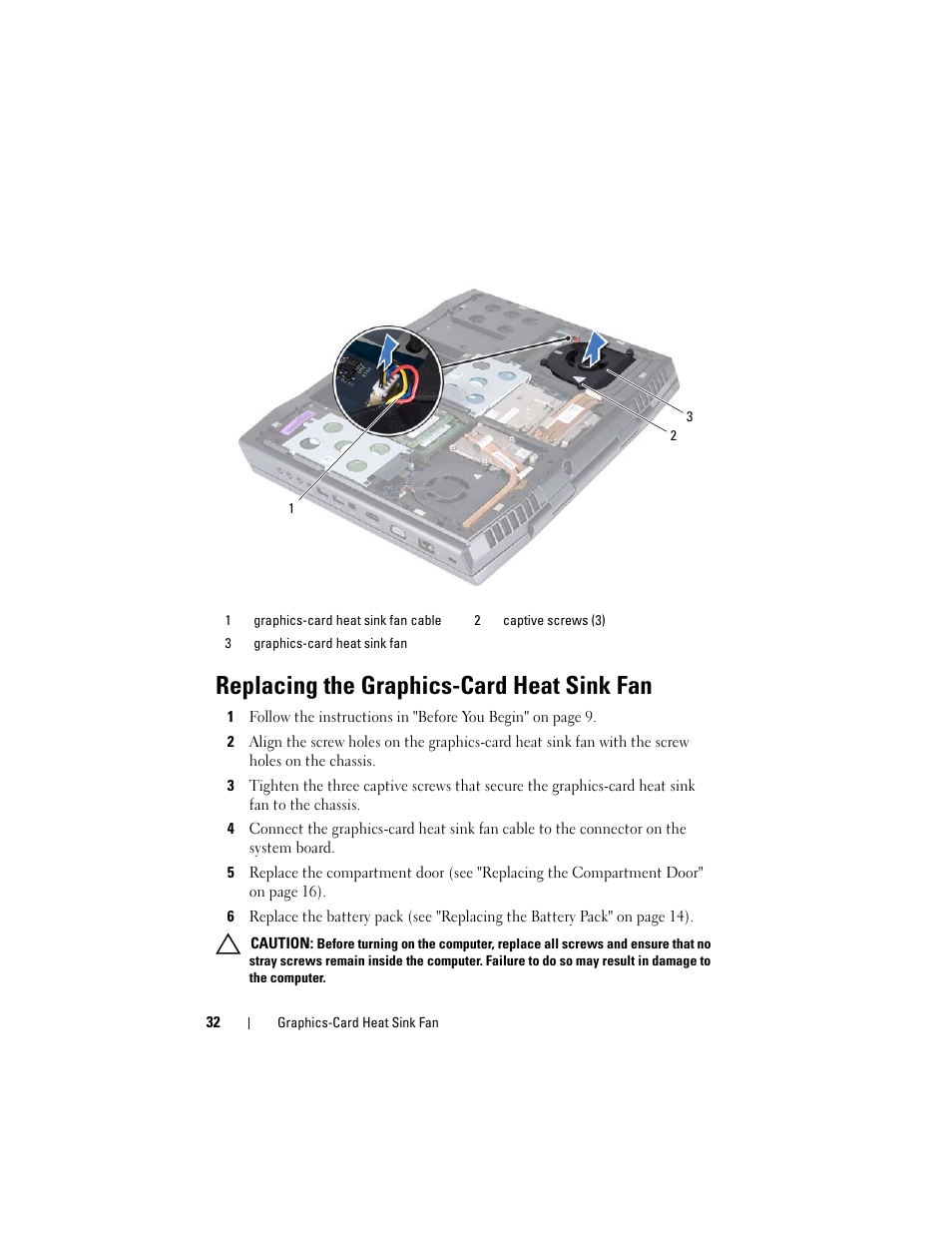 Replacing the graphics-card heat sink fan | Dell Alienware M17x R3 (Early 2011) User Manual | Page 32 / 110