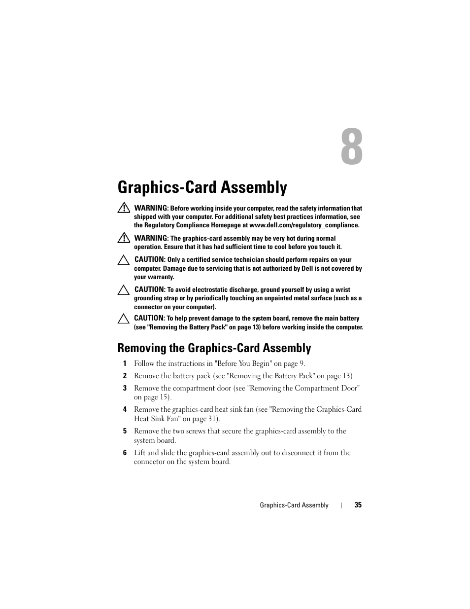 Graphics-card assembly, Removing the graphics-card assembly | Dell Alienware M17x R3 (Early 2011) User Manual | Page 35 / 110