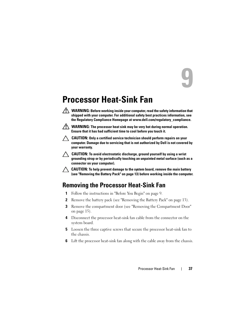 Processor heat-sink fan, Removing the processor heat-sink fan | Dell Alienware M17x R3 (Early 2011) User Manual | Page 37 / 110