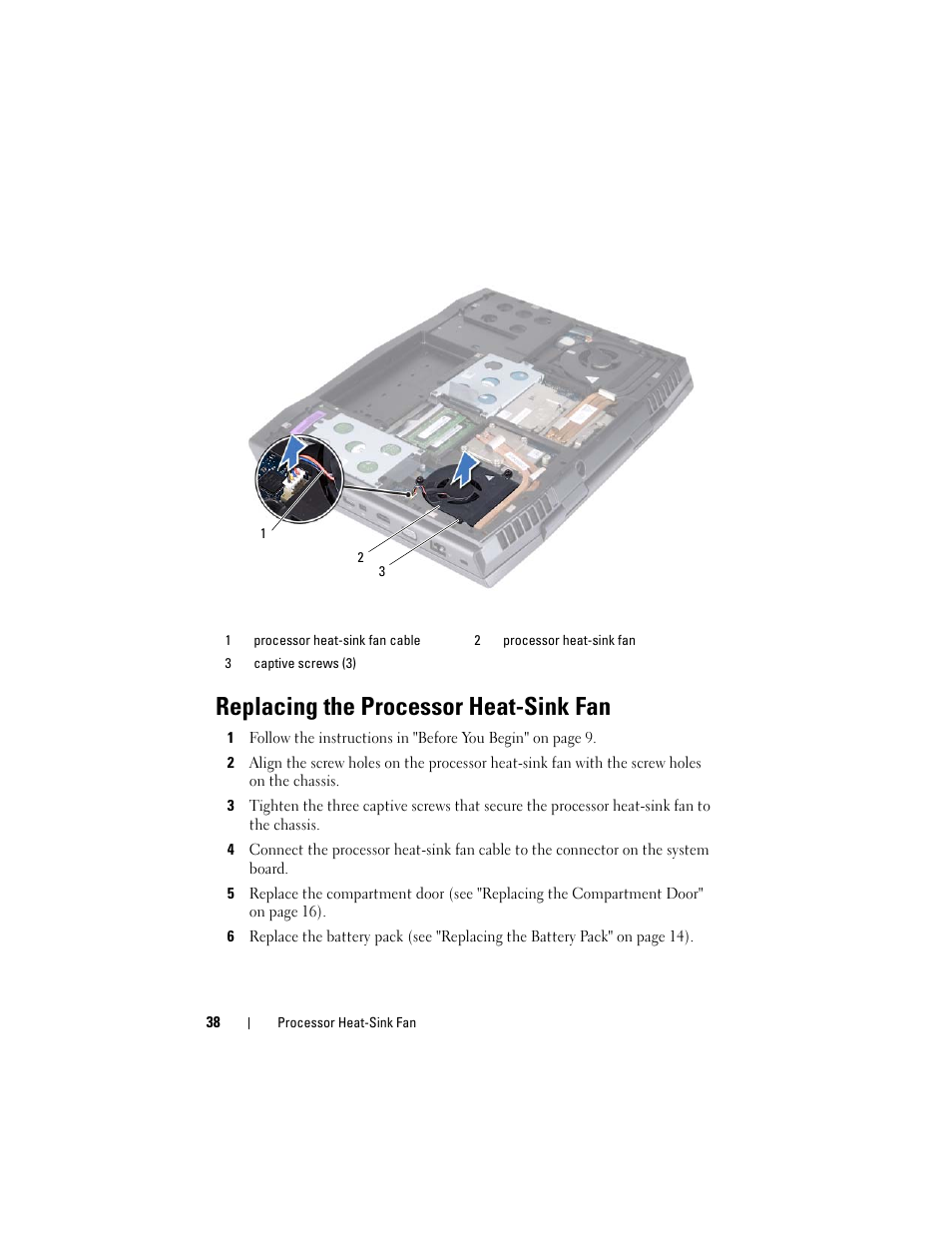 Replacing the processor heat-sink fan | Dell Alienware M17x R3 (Early 2011) User Manual | Page 38 / 110