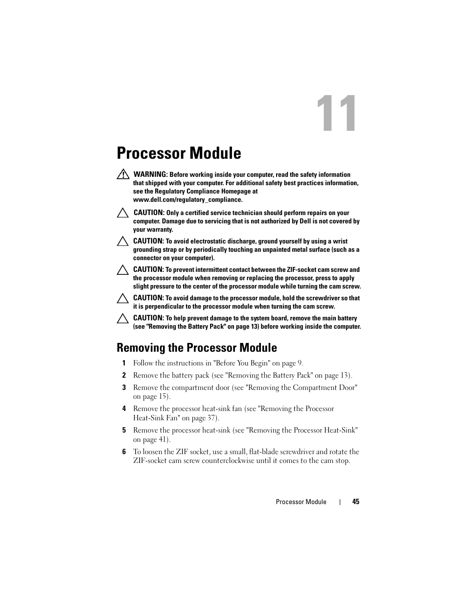 Processor module, Removing the processor module | Dell Alienware M17x R3 (Early 2011) User Manual | Page 45 / 110