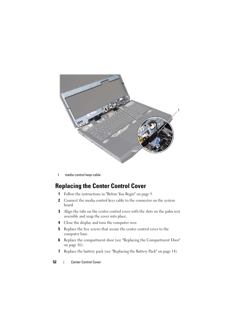 Replacing the center control cover, 4 close the display and turn the computer over, Replacing the center control | Dell Alienware M17x R3 (Early 2011) User Manual | Page 52 / 110