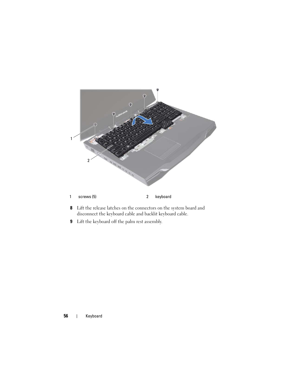 9 lift the keyboard off the palm rest assembly | Dell Alienware M17x R3 (Early 2011) User Manual | Page 56 / 110